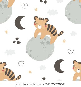 Seamless pattern with cute tiger, planet, decor elements. simple flat vector. Hand drawing for children. animal theme. baby design for fabric, textile, wrapper, print.
