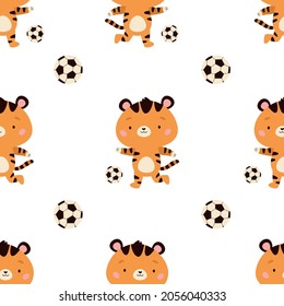 Seamless pattern with cute tiger plays soccer. Cartoon kawaii character. Football ball. Activity sport. Vector illustration.