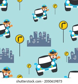 seamless pattern of cute tiger police patrol on highway. Can be used for t-shirt print, kids wear, Creative vector childish background for fabric, textile, nursery wallpaper, and other decoration.