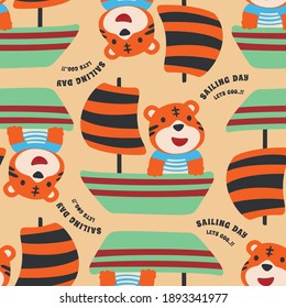 Seamless pattern with cute tiger sailor, Cute Marine pattern for fabric, baby clothes, background, textile, wrapping paper and other decoration.