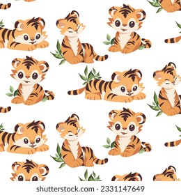 seamless pattern cute tiger with smile sleepy and leaf