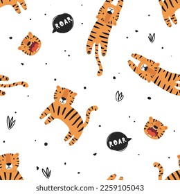 Seamless pattern with cute tiger. Vector illustration in flat style. Can be used for fabric, wrapping paper, scrapbooking, textile, poster etc.