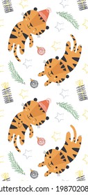 Seamless pattern with cute tiger's in cartoon style. New Year's pattern with the year 2022 symbol!