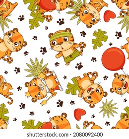 seamless pattern of cute tigers in cartoon style. Isolated on white. Vector illustration