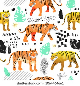 Seamless Pattern with Cute Tigers. Childish Wildlife Animals Background for Fabric Textile, Wallpaper, Wrapping Paper, Decoration. Vector illustration