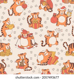 Seamless pattern with cute tigers. Festive background with funny chinese new year symbol tigers. Vector cartoon characters illustration