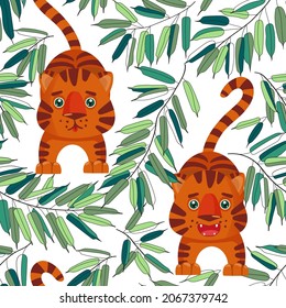 Patrón sin foco con tigres adorables en hojas verdes. Patrón vectorial. Fondo animal y botánico para tela, ropa, papel pintado, papel de embalaje, papel de papelería.