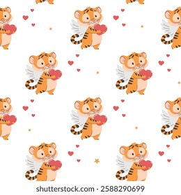 Seamless pattern with cute tigers and hearts. Vector illustration.