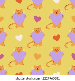 Seamless pattern with cute tigers holding hearts on yellow background. Modern design for fabric and paper, surface textures.