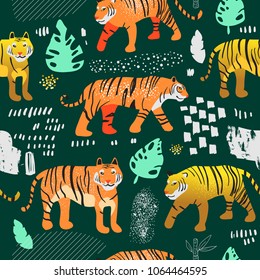 Seamless Pattern with Cute Tigers in Jungle. Childish Wildlife Animals Background for Fabric Textile, Wallpaper, Wrapping Paper, Decoration. Vector illustration