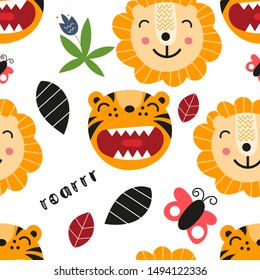 Seamless pattern with cute tigers and lions in Scandinavian style. Vector Illustration. Kids illustration for nursery design. Great for baby clothes, greeting card, wrapper.