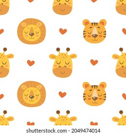 Seamless pattern with cute tigers, lions, giraffes and hearts isolated on white background