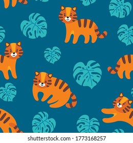Seamless pattern with cute tigers and monstera leaves in blue background. Exotic plant and cat. Vector illustration in flat style