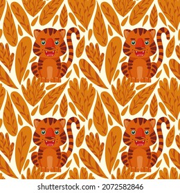Seamless pattern with cute tigers orange leaves. Vector pattern. Animal and botanical background for fabric, clothing, wallpaper, wrapping paper, stationery.