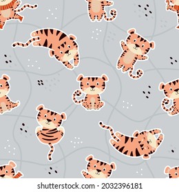 Seamless pattern with cute tigers. Sleeping, sitting playful striped tigers on a gray background with an abstract mesh pattern. Vector illustrations for design, decor, textiles. 2022 year of Tiger