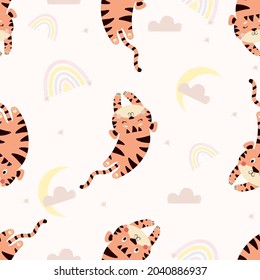 Seamless pattern with cute tigers. Cute sleeping animal on a light background with rainbow, clouds and moon. Vector illustration. Kids collection in the Scandinavian style