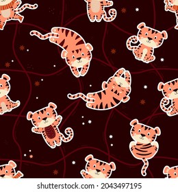 Seamless pattern with cute tigers. The striped animal sits, sleeps on a burgundy background with an abstract mesh pattern and stars. Vector illustration for design, decor, textile and wallpaper.