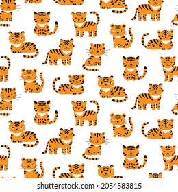 Seamless pattern with cute tigers. symbol of new 2022 year. Kid fabric design.