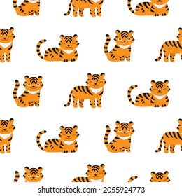Seamless pattern with cute tigers. symbol of new 2022 year. Kid fabric design.