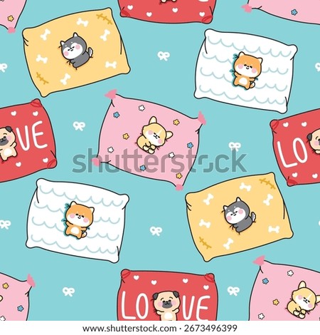 Seamless pattern of cute tiny dog animals sleep and lay on various pillow background.Cartoon character design.Shiba inu,corgi,siberian husky,pugs.Flower,bone,love.Kawaii.Vector.Illustration.