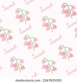 Nahtlose Muster süßer kleiner Blume mit süßem Text auf pastellfarbenem Hintergrund.Floral.Nature.Bild für Karte, Poster, Babykleidung.Kawaii.Vector.Illustration.