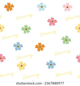 Nahtlose Muster süßer, kleiner, bunter Blume mit blühendem Text auf weißem Hintergrund.Floral.Nature.Bild für Karte, Poster, Babykleidung.Kawaii.Vector.Illustration.