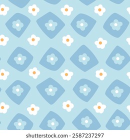 Seamless pattern of cute tiny flower on blue background.Floral.Nature.Blooming.Cartoon hand drawn.Image for card,poster,baby clothing.Kawaii.Vector.Illustration.