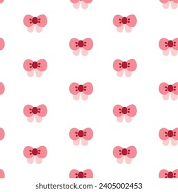 Seamless pattern of cute tiny pink bow hand drawn on white background.Girl baby clothing cartoon.Kawaii.Vector.Illustration.