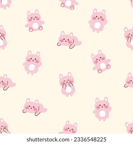 Seamless pattern of cute tiny rabbit in various poses on pastel background.Pet animal character cartoon design.Bunny.Easter.Baby clothing.Kawaii.Vector.Illustration.