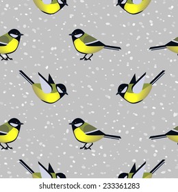 Seamless pattern with cute tit birds in winter. Vector seamless texture for wallpapers, pattern fills, web page backgrounds