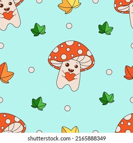 Seamless pattern with cute toadstools, fly agaric, characters. Funny mushrooms with a charming face. Children's flat vector illustration 