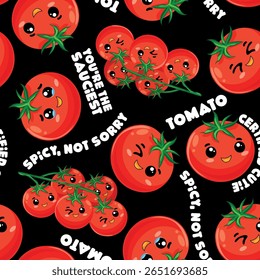 Seamless pattern with cute tomato characters and funny phrases like “Spicy, not sorry” and “You’re the sauciest”. Perfect for fabric, packaging, kids’ designs, or scrapbooking.


