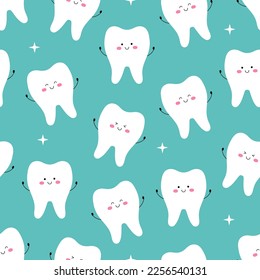 Seamless pattern with cute tooth characters with face with different emotions and hands. Vector flat illustration