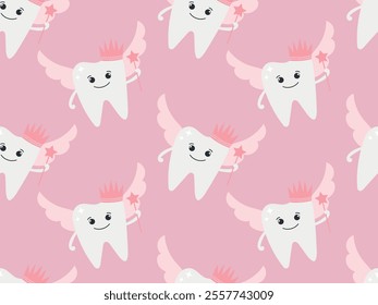 Seamless pattern with cute tooth fairy with crown and magic wand on pink background, hand drawn. Vector illustration for textile, wrapping paper, children's dental design, eps 10