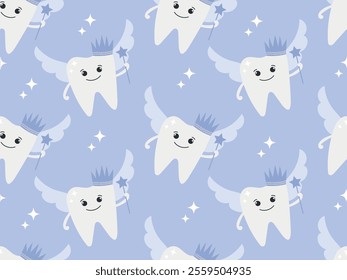 Seamless pattern with cute tooth with wings and magic wand. First tooth lost. Vector illustration of Pastel blue background with tooth fairy for tablecloth, fabric, wrapping paper, backdrop, children