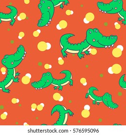 Seamless pattern with a cute toothy green smiling crocodile and circles.Vector illustration of African animals on orange background. Picture for children's greeting cards,printi for fabric or paper.