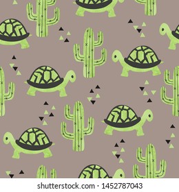 Seamless Pattern With Cute Tortoise And Cactus.