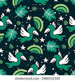 Seamless pattern with cute toucan and botanical elements. Hand drawn illustration in cartoon style for wallpaper, prints, fabrics, textiles.