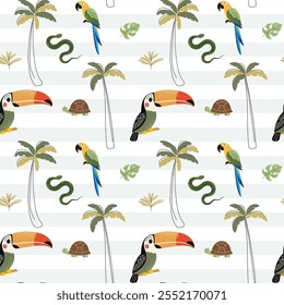 Padrão perfeito com tucano bonito, papagaio e palmeiras. Fundo de selva infantil. Tartaruga, cobra. Papel de parede tropical.