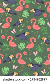 Seamless pattern with cute toucans and flamingos. Vector graphics.