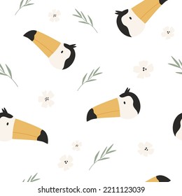 Seamless pattern with cute toucans and foliage. Cute design with animal faces for cloth prints, wallpaper, wrapping paper