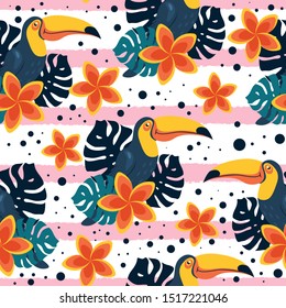 Seamless pattern with cute toucans, monstera leaves and plumeria on striped background. Flat vector illustration.