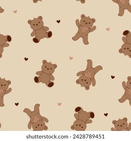 Seamless pattern with cute toy bears in soft brown colors. Vector graphics