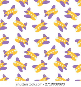 Seamless pattern with cute toy planes on a white background. Ideal for kids design, nursery decor, fabric, wrapping paper, wallpaper, and baby products. Vector illustration.