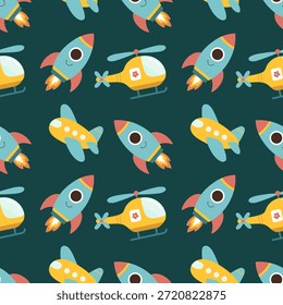 Patrón sin fisuras con lindos aviones de juguete, cohetes y helicópteros sobre un fondo verde oscuro. Ideal para el diseño de los niños, la decoración del vivero, la tela, el papel de embalaje, el Fondo de pantalla y los productos del bebé. Vector