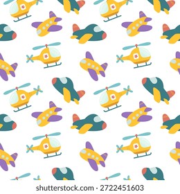 Seamless pattern with cute toy planes and helicopters on a white background. Ideal for kids design, nursery decor, fabric, wrapping paper, wallpaper, and baby products. Vector illustration.