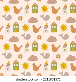 Seamless pattern of cute toys. Beige cartoon boho background. For textile, fabric, postcard, poster