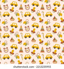 Seamless pattern of cute toys. Beige cartoon boho background. For textile, fabric, postcard, poster