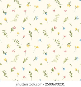 Seamless pattern of cute transparent colorful flowers for textiles, fabric printing, children's parties. Many small wild flowers on beige background. Kids romantic ornament. Botanical illustration.