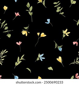 Seamless pattern of cute transparent colorful flowers for textiles, fabric printing, children's parties. Many small wild flowers on black background. Kids romantic ornament. Botanical illustration.